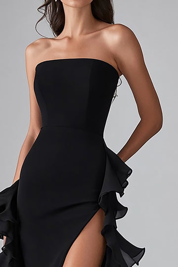 Svart Volang Elegant Lång Formell Klänning Med Slits